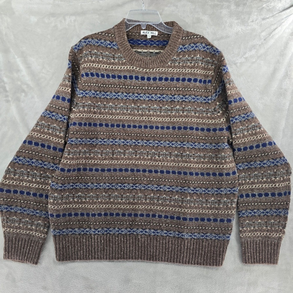 Alex Mill Sweater Mens 2XL Donegal Brown Fair Isle Merino Wool Alpaca Crewneck